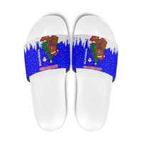 Slovenia Christmas Slide Sandals with Bear Potica Cake Snowy Tree and National Emblem Design - Wonder Print Shop