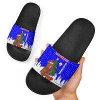 Slovenia Christmas Slide Sandals with Bear Potica Cake Snowy Tree and National Emblem Design - Wonder Print Shop