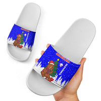Slovenia Christmas Slide Sandals with Bear Potica Cake Snowy Tree and National Emblem Design - Wonder Print Shop