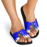 Slovenia Christmas Slide Sandals with Bear Potica Cake Snowy Tree and National Emblem Design - Wonder Print Shop