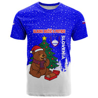 Slovenia Christmas T Shirt with Bear Potica Cake Snowy Tree and National Emblem Design - Wonder Print Shop