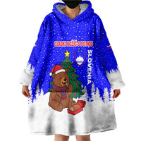 Slovenia Christmas Wearable Blanket Hoodie with Bear Potica Cake Snowy Tree and National Emblem Design - Wonder Print Shop