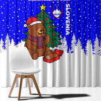 Slovenia Christmas Window Curtain with Bear Potica Cake Snowy Tree and National Emblem Design - Wonder Print Shop