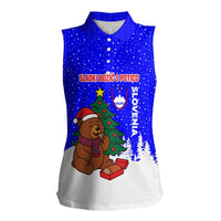 Slovenia Christmas Women Sleeveless Polo Shirt with Bear Potica Cake Snowy Tree and National Emblem Design - Wonder Print Shop