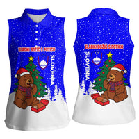 Slovenia Christmas Women Sleeveless Polo Shirt with Bear Potica Cake Snowy Tree and National Emblem Design - Wonder Print Shop