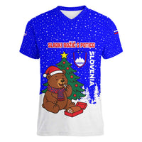 Slovenia Christmas Women V-Neck T-Shirt with Bear Potica Cake Snowy Tree and National Emblem Design - Wonder Print Shop