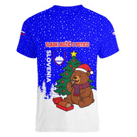 Slovenia Christmas Women V-Neck T-Shirt with Bear Potica Cake Snowy Tree and National Emblem Design - Wonder Print Shop