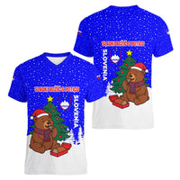 Slovenia Christmas Women V-Neck T-Shirt with Bear Potica Cake Snowy Tree and National Emblem Design - Wonder Print Shop