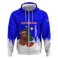 Slovenia Christmas Zip Hoodie with Bear Potica Cake Snowy Tree and National Emblem Design - Wonder Print Shop