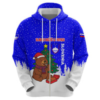 Slovenia Christmas Zip Hoodie with Bear Potica Cake Snowy Tree and National Emblem Design - Wonder Print Shop