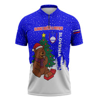 Slovenia Christmas Zipper Polo Shirt with Bear Potica Cake Snowy Tree and National Emblem Design - Wonder Print Shop