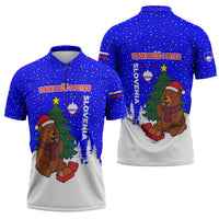 Slovenia Christmas Zipper Polo Shirt with Bear Potica Cake Snowy Tree and National Emblem Design - Wonder Print Shop