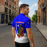 Slovenia Christmas Zipper Polo Shirt with Bear Potica Cake Snowy Tree and National Emblem Design - Wonder Print Shop