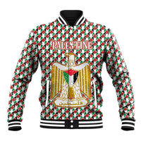Palestine Christmas Baseball Jacket with Red-Green Pattern, Golden Eagle Emblem, and Jesus Holding Flag Motif - Wonder Print Shop