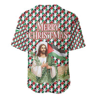 Palestine Christmas Baseball Jersey with Red-Green Pattern, Golden Eagle Emblem, and Jesus Holding Flag Motif - Wonder Print Shop