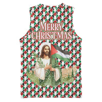 Palestine Christmas Basketball Jersey with Red-Green Pattern, Golden Eagle Emblem, and Jesus Holding Flag Motif - Wonder Print Shop