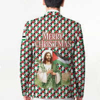 Palestine Christmas Blazer with Red-Green Pattern, Golden Eagle Emblem, and Jesus Holding Flag Motif - Wonder Print Shop