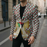 Palestine Christmas Blazer with Red-Green Pattern, Golden Eagle Emblem, and Jesus Holding Flag Motif - Wonder Print Shop