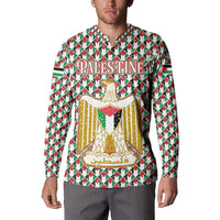Palestine Christmas Button Sweatshirt with Red-Green Pattern, Golden Eagle Emblem, and Jesus Holding Flag Motif - Wonder Print Shop