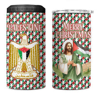 Palestine Christmas 4 in 1 Can Cooler Tumbler with Red-Green Pattern, Golden Eagle Emblem, and Jesus Holding Flag Motif - Wonder Print Shop