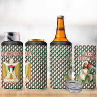 Palestine Christmas 4 in 1 Can Cooler Tumbler with Red-Green Pattern, Golden Eagle Emblem, and Jesus Holding Flag Motif - Wonder Print Shop