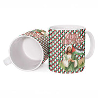 Palestine Christmas Ceramic Mug with Red-Green Pattern, Golden Eagle Emblem, and Jesus Holding Flag Motif - Wonder Print Shop