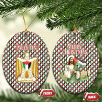Palestine Christmas Ceramic Ornament with Red-Green Pattern, Golden Eagle Emblem, and Jesus Holding Flag Motif - Wonder Print Shop