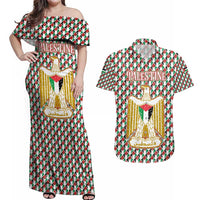 Palestine Christmas Couples Matching Off Shoulder Maxi Dress and Hawaiian Shirt with Red-Green Pattern, Golden Eagle Emblem, and Jesus Holding Flag Motif - Wonder Print Shop