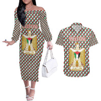 Palestine Christmas Couples Matching Off The Shoulder Long Sleeve Dress and Hawaiian Shirt with Red-Green Pattern, Golden Eagle Emblem, and Jesus Holding Flag Motif - Wonder Print Shop