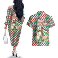 Palestine Christmas Couples Matching Off The Shoulder Long Sleeve Dress and Hawaiian Shirt with Red-Green Pattern, Golden Eagle Emblem, and Jesus Holding Flag Motif - Wonder Print Shop