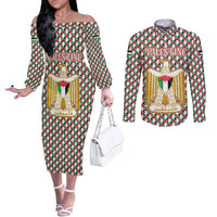 Palestine Christmas Couples Matching Off The Shoulder Long Sleeve Dress and Long Sleeve Button Shirt with Red-Green Pattern, Golden Eagle Emblem, and Jesus Holding Flag Motif - Wonder Print Shop