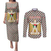 Palestine Christmas Couples Matching Puletasi and Long Sleeve Button Shirt with Red-Green Pattern, Golden Eagle Emblem, and Jesus Holding Flag Motif - Wonder Print Shop