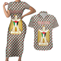 Palestine Christmas Couples Matching Short Sleeve Bodycon Dress and Hawaiian Shirt with Red-Green Pattern, Golden Eagle Emblem, and Jesus Holding Flag Motif - Wonder Print Shop