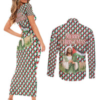 Palestine Christmas Couples Matching Short Sleeve Bodycon Dress and Long Sleeve Button Shirt with Red-Green Pattern, Golden Eagle Emblem, and Jesus Holding Flag Motif - Wonder Print Shop