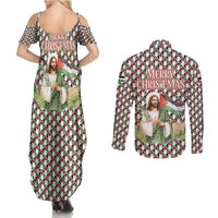 Palestine Christmas Couples Matching Summer Maxi Dress and Long Sleeve Button Shirt with Red-Green Pattern, Golden Eagle Emblem, and Jesus Holding Flag Motif - Wonder Print Shop
