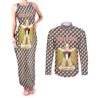 Palestine Christmas Couples Matching Tank Maxi Dress and Long Sleeve Button Shirt with Red-Green Pattern, Golden Eagle Emblem, and Jesus Holding Flag Motif - Wonder Print Shop