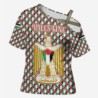 Palestine Christmas Cross Shoulder Shirt with Red-Green Pattern, Golden Eagle Emblem, and Jesus Holding Flag Motif - Wonder Print Shop
