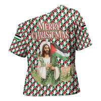 Palestine Christmas Cross Shoulder Shirt with Red-Green Pattern, Golden Eagle Emblem, and Jesus Holding Flag Motif - Wonder Print Shop