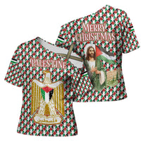 Palestine Christmas Cross Shoulder Shirt with Red-Green Pattern, Golden Eagle Emblem, and Jesus Holding Flag Motif - Wonder Print Shop