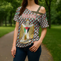 Palestine Christmas Cross Shoulder Shirt with Red-Green Pattern, Golden Eagle Emblem, and Jesus Holding Flag Motif - Wonder Print Shop