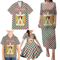 Palestine Christmas Family Matching Puletasi and Hawaiian Shirt with Red-Green Pattern, Golden Eagle Emblem, and Jesus Holding Flag Motif - Wonder Print Shop
