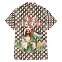 Palestine Christmas Family Matching Puletasi and Hawaiian Shirt with Red-Green Pattern, Golden Eagle Emblem, and Jesus Holding Flag Motif - Wonder Print Shop