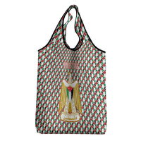 Palestine Christmas Grocery Bag with Red-Green Pattern, Golden Eagle Emblem, and Jesus Holding Flag Motif - Wonder Print Shop