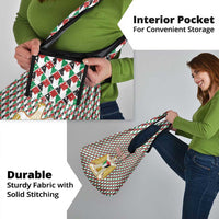 Palestine Christmas Grocery Bag with Red-Green Pattern, Golden Eagle Emblem, and Jesus Holding Flag Motif - Wonder Print Shop