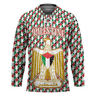 Palestine Christmas Hockey Jersey with Red-Green Pattern, Golden Eagle Emblem, and Jesus Holding Flag Motif - Wonder Print Shop