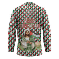 Palestine Christmas Hockey Jersey with Red-Green Pattern, Golden Eagle Emblem, and Jesus Holding Flag Motif - Wonder Print Shop
