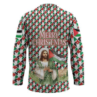 Palestine Christmas Hockey Jersey with Red-Green Pattern, Golden Eagle Emblem, and Jesus Holding Flag Motif - Wonder Print Shop