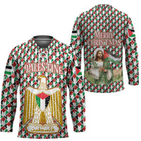 Palestine Christmas Hockey Jersey with Red-Green Pattern, Golden Eagle Emblem, and Jesus Holding Flag Motif - Wonder Print Shop