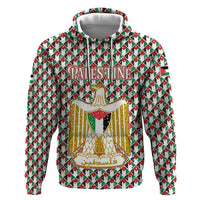 Palestine Christmas Hoodie with Red-Green Pattern, Golden Eagle Emblem, and Jesus Holding Flag Motif - Wonder Print Shop