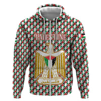 Palestine Christmas Hoodie with Red-Green Pattern, Golden Eagle Emblem, and Jesus Holding Flag Motif - Wonder Print Shop